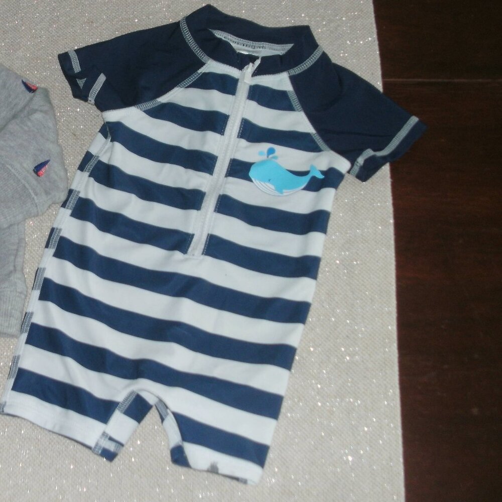 Floatimini Baby Boy Blue White Stripe Whale Rash Guard Coverall Short Sleeve 6M